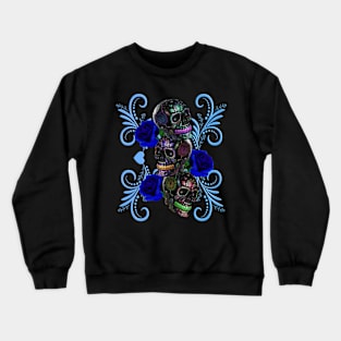 Triple Black Day Of The Dead Skulls Blue Roses Crewneck Sweatshirt